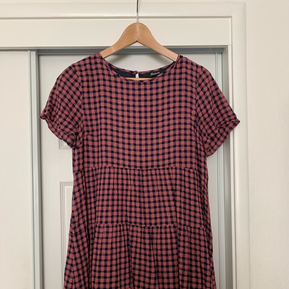 Madewell Short-Sleeve Tiered Mini Dress in Gingham Check size S Small